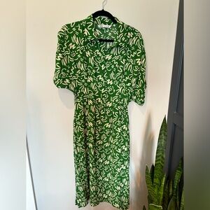Zara green print dolman sleeve midi dress with pockets